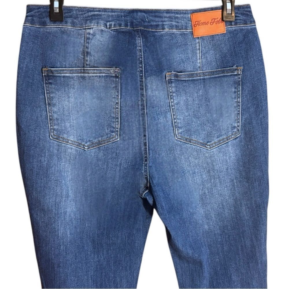 Mid Wash Distressed Knee Flare Jeans | High Rise Stretch | Raw Hem | NWT - Picture 7 of 16